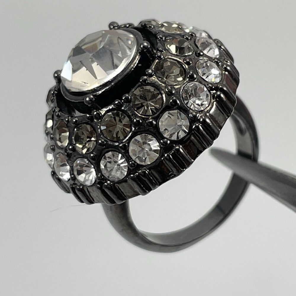 Premier Designs Ring Gunmetal White Gray Rhinestone Statement Boho Cocktail Ring
